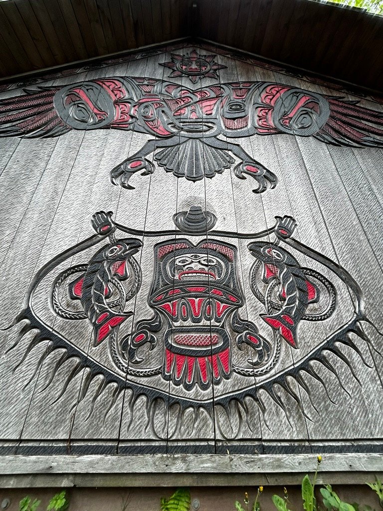 Traditional Tlingit carved artwork panel, Ketchikan Alaska