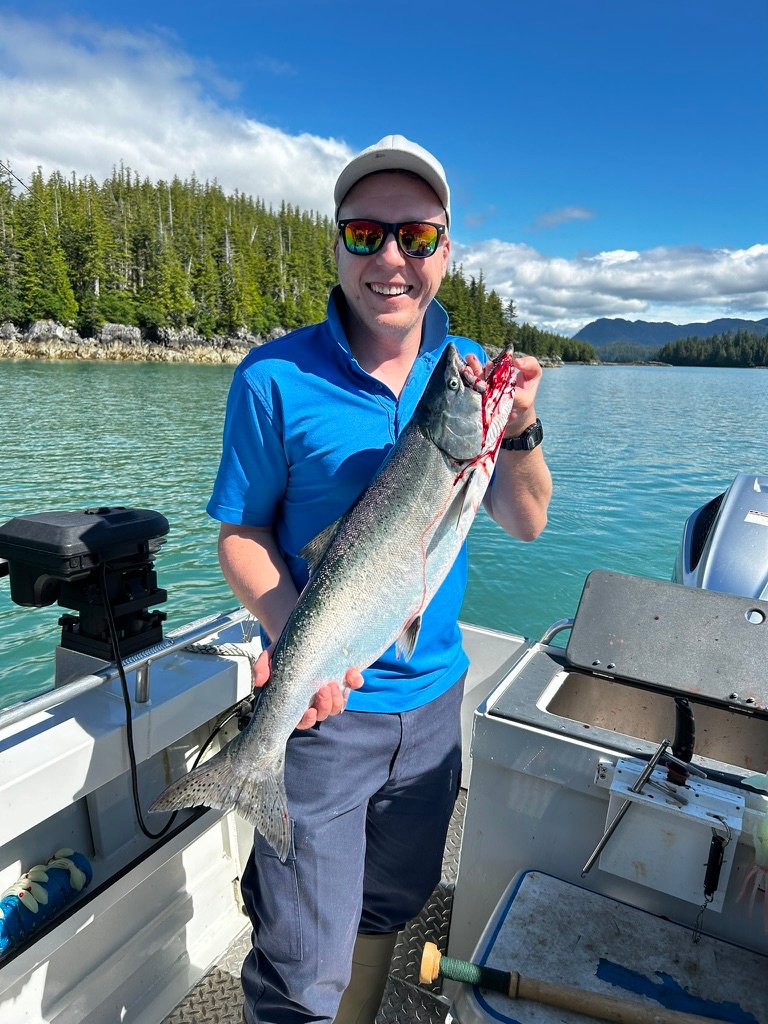 Fresh caught king salmon aboard a fishing charter in Ketchikan Alaska